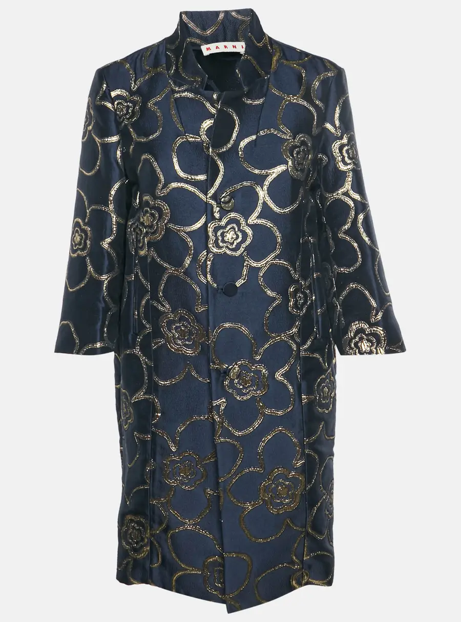 Marni Navy Blue/Gold Metallic Floral Jacquard Overcoat M