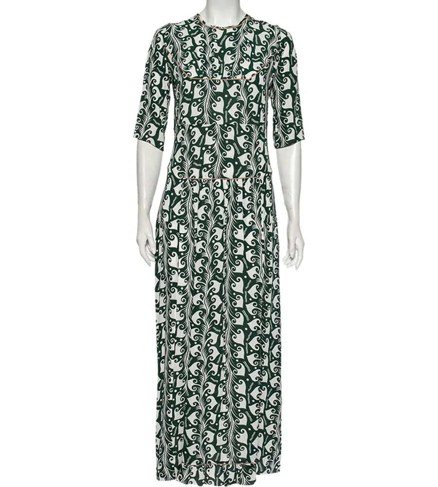 Marni Green Printed Crepe Pleated Front Detailed Maxi Dress S