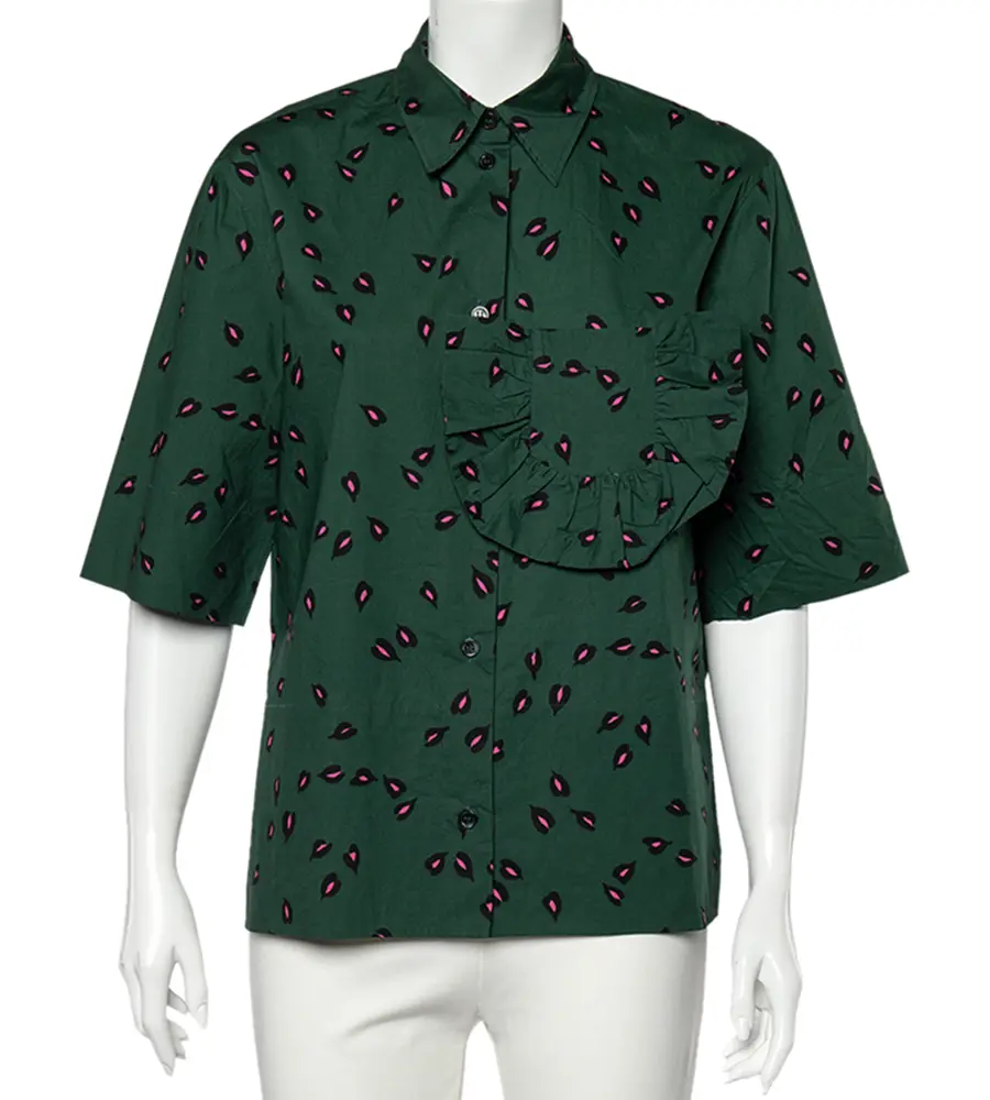 Marni Green Printed Ruffled Trim Pocket Detailed Button Front Shirt S