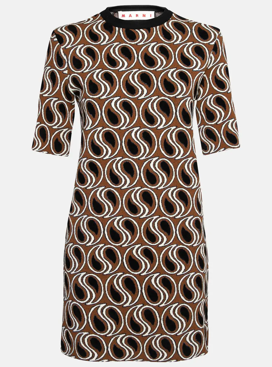 Marni Brown Jacquard Lurex Knit Short Sleeve Dress M