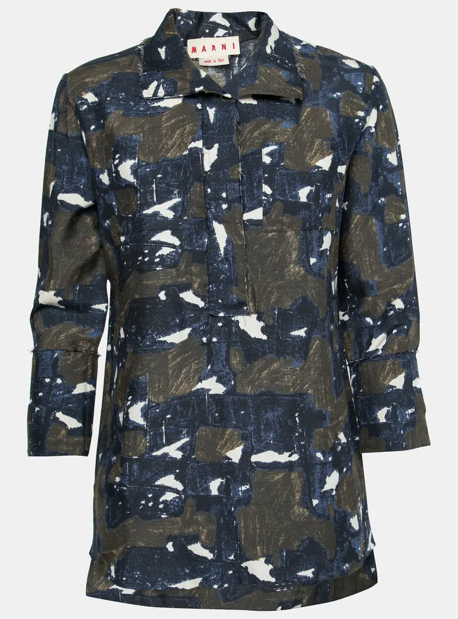 Marni Navy Blue & Green Printed Silk Tunic S
