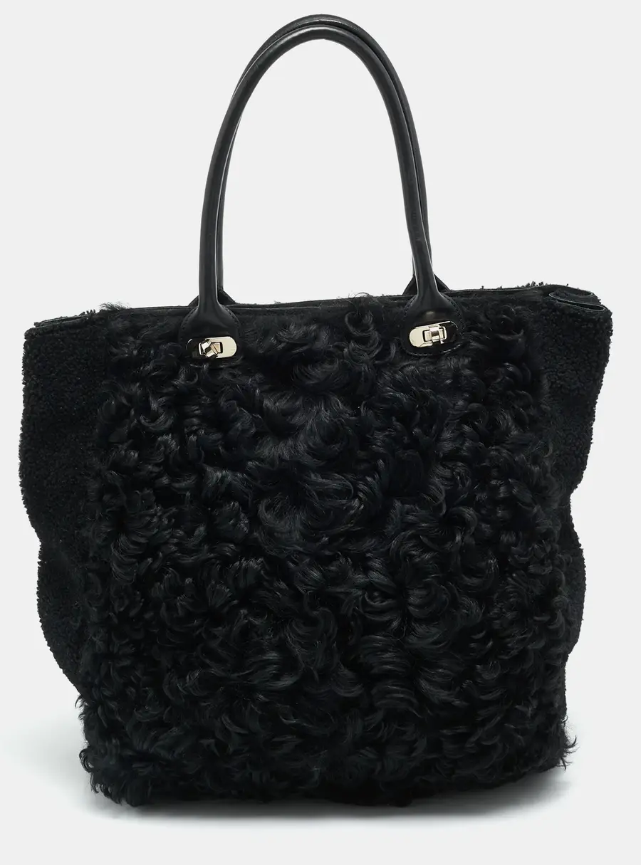 Marni Black Shearling and Fur Vertical Tote