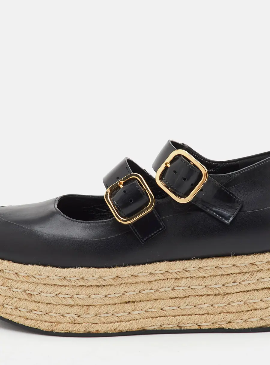 Marni Size 39 Black Leather Platform Espadrille Mary Jane Sandals