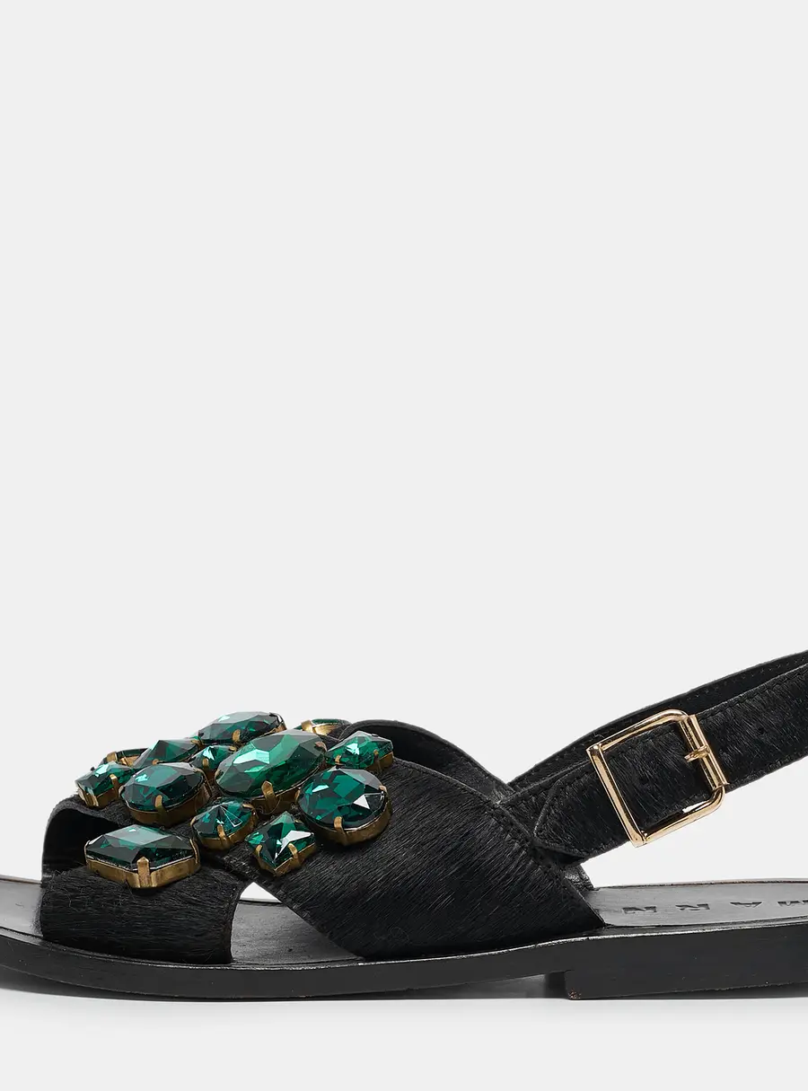 Marni Black Calf Hair Embellished Flat Slingback Sandals Size 37