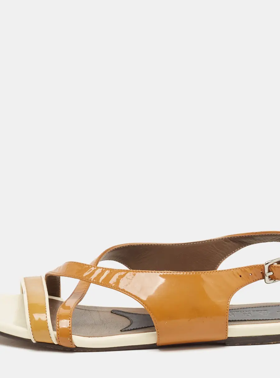 Marni Brown/Cream Patent Leather Slingback Flat Sandals Size 38