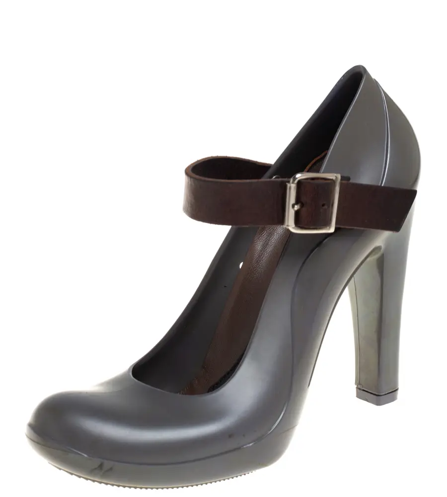 Marni Grey Rubber And Brown Leather Mary Jane Pumps Size 37