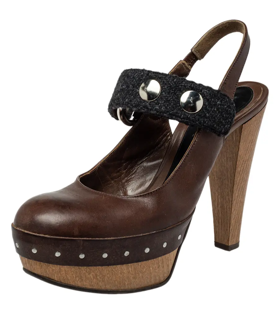 Marni Brown/Black Fabric And Leather Mary Jane Buckle Strap Pumps Size 40
