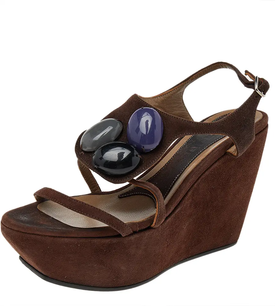 Marni Brown Suede Embellished Wedge Platform Ankle Strap Sandals Size 36