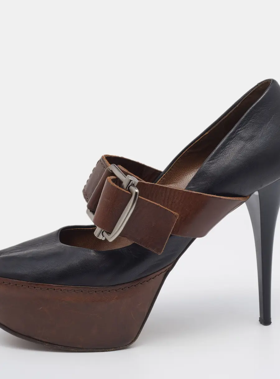 Marni Black/Brown Leather Mary Jane Peep Toe Platform Pumps Size 40
