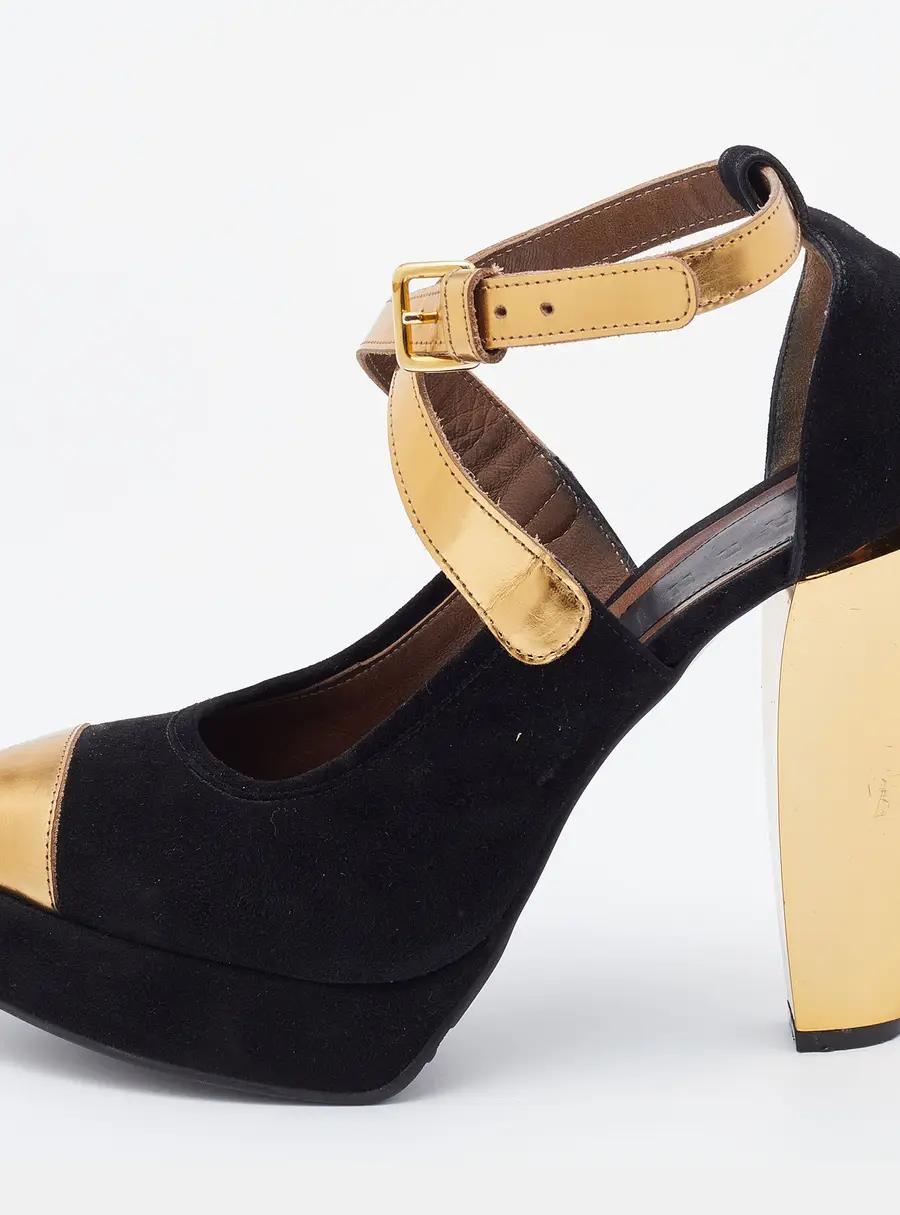 Marni Black/Gold Suede and Leather Platforms Ankle Strap Pumps Size 39