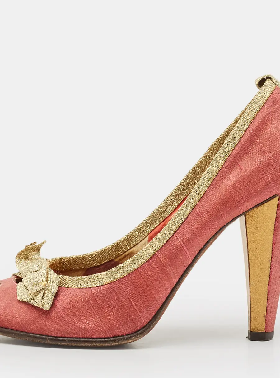 Marc by Marc Jacobs Gold/Red Canvas Bow Peep Toe Pumps Size 37