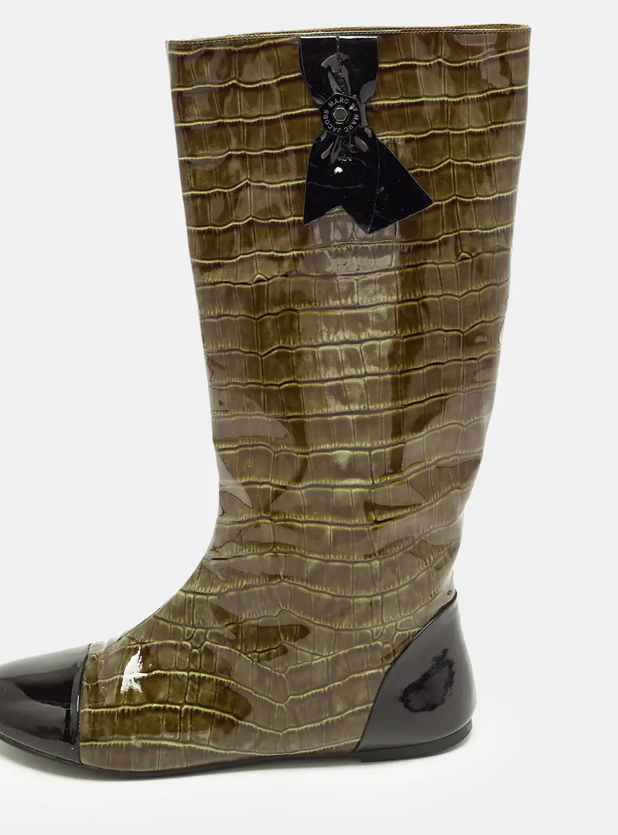 Marc by Marc Jacobs Size 38.5 Green/Black Croc Embossed Patent Leather Knee Length Boots