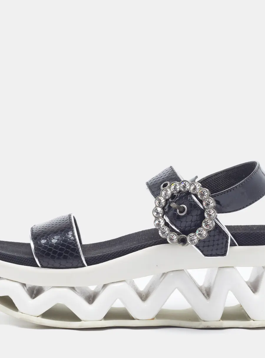 Marc by Marc Jacobs Size 37 Black Snakeskin Embossed Leather Ninj Crystal Embellished Wedge Sandals