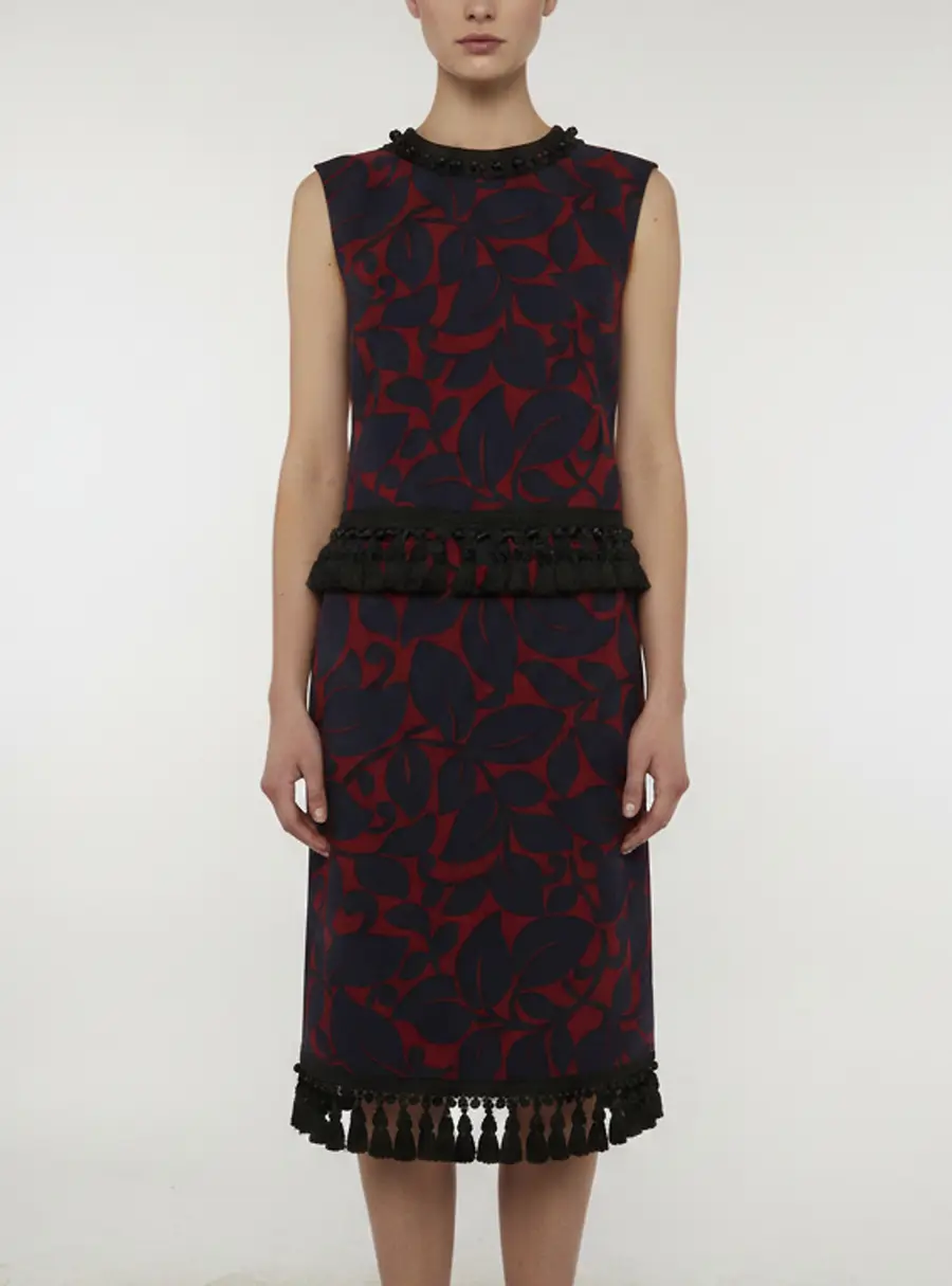 Marc Jacobs Navy Blue/Burgundy Leaf Print Wool Tassel Detail Sheath Dress XS