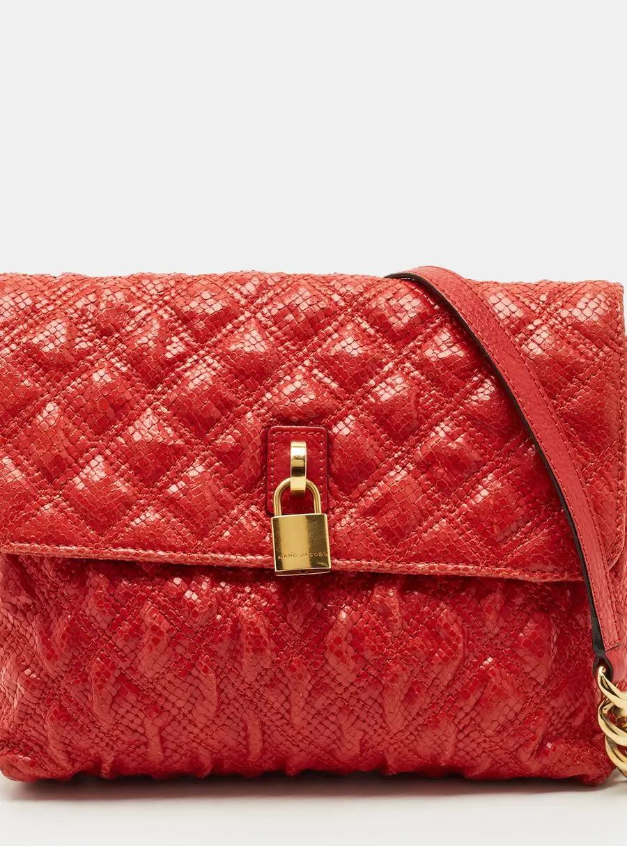 Marc Jacobs Red Quilted Snake Embossed Leather Flap Padlock Shoulder Bag