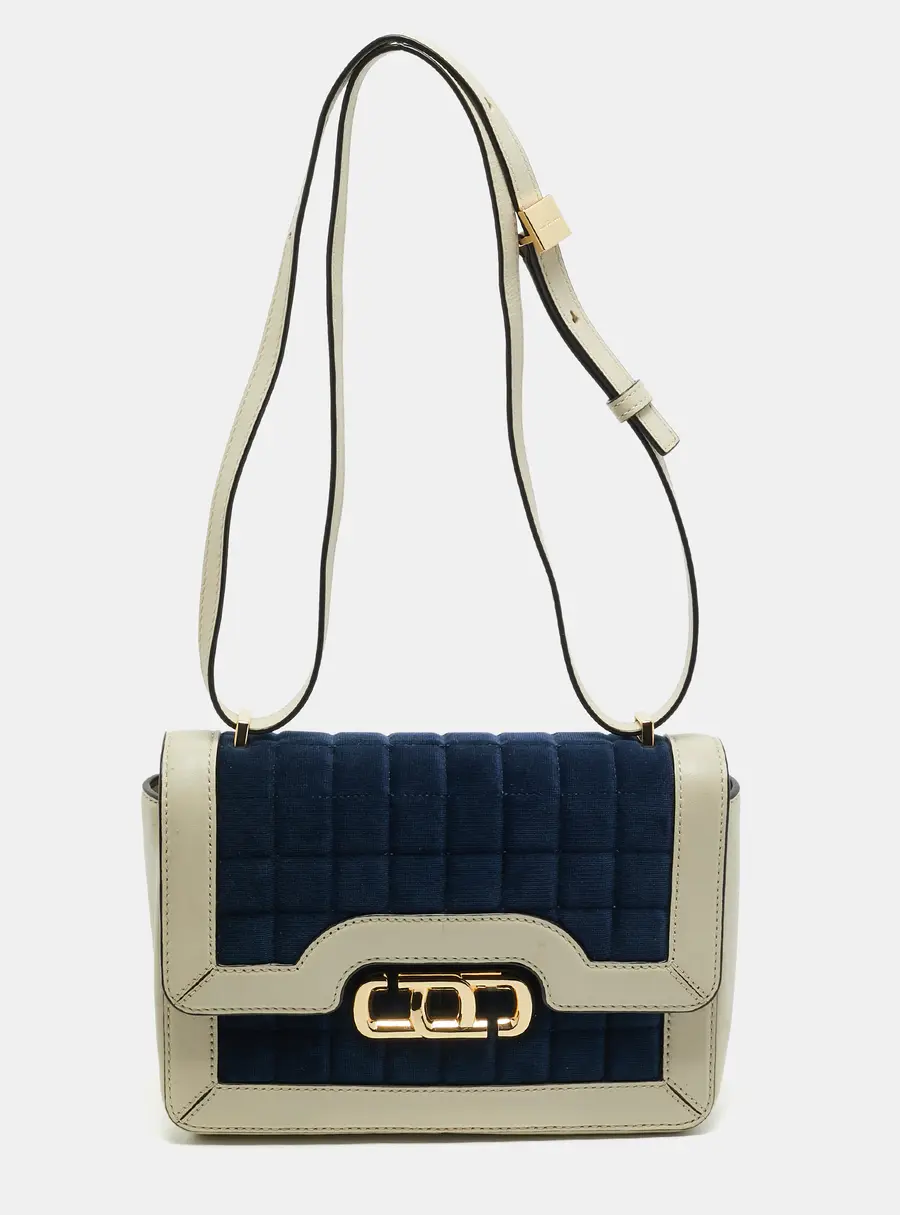 Marc Jacobs The J Link Blue/Off White Leather and Stripe Velvet Shoulder Bag