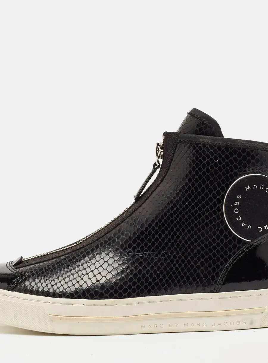 Marc Jacobs Black Patent Leather and Snakeskin Embossed Leather High Top Sneakers Size 37