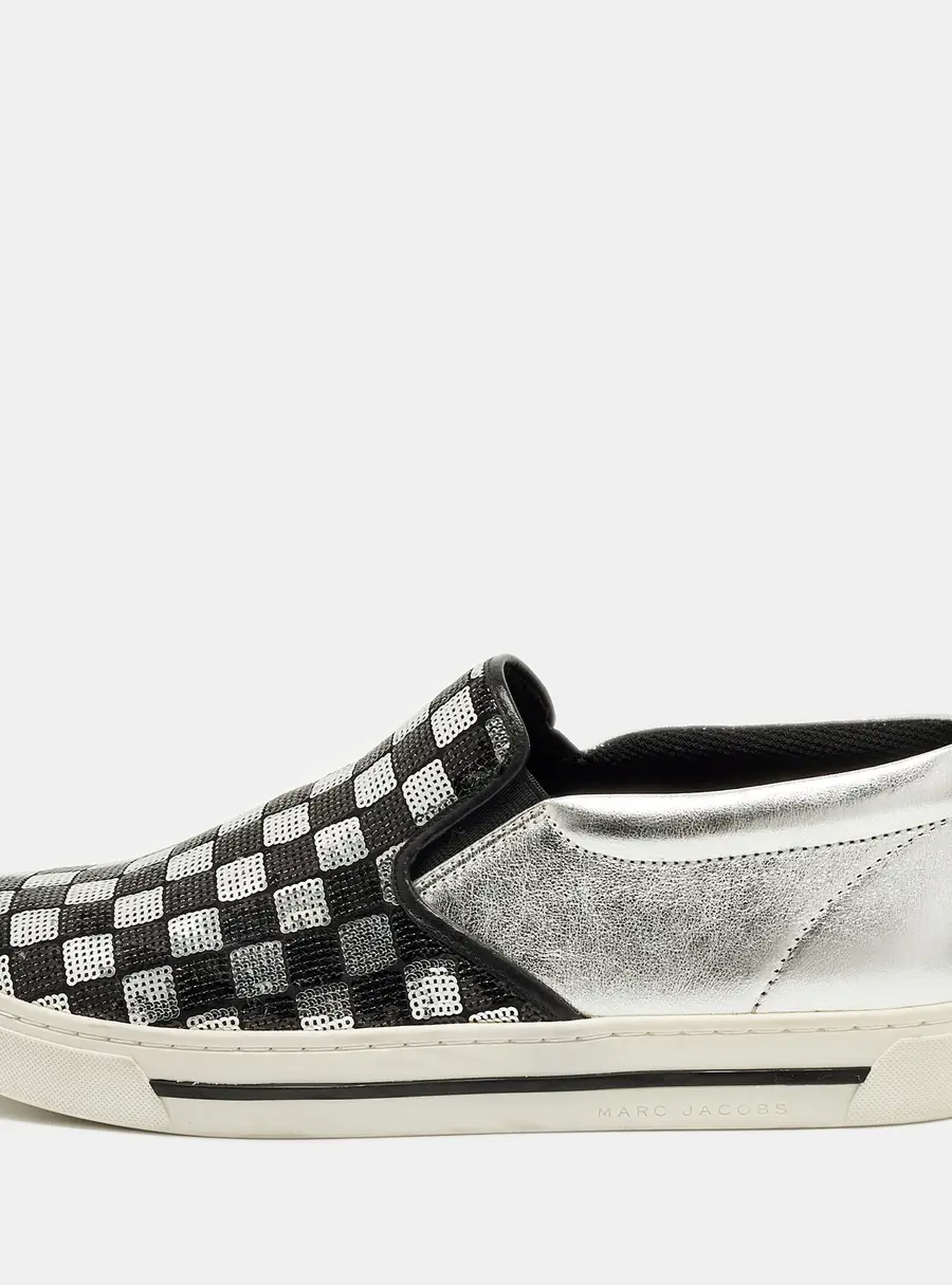 Marc Jacobs Mercer Size 41 Black/Silver Leather and Sequin Satin Slip On Sneakers