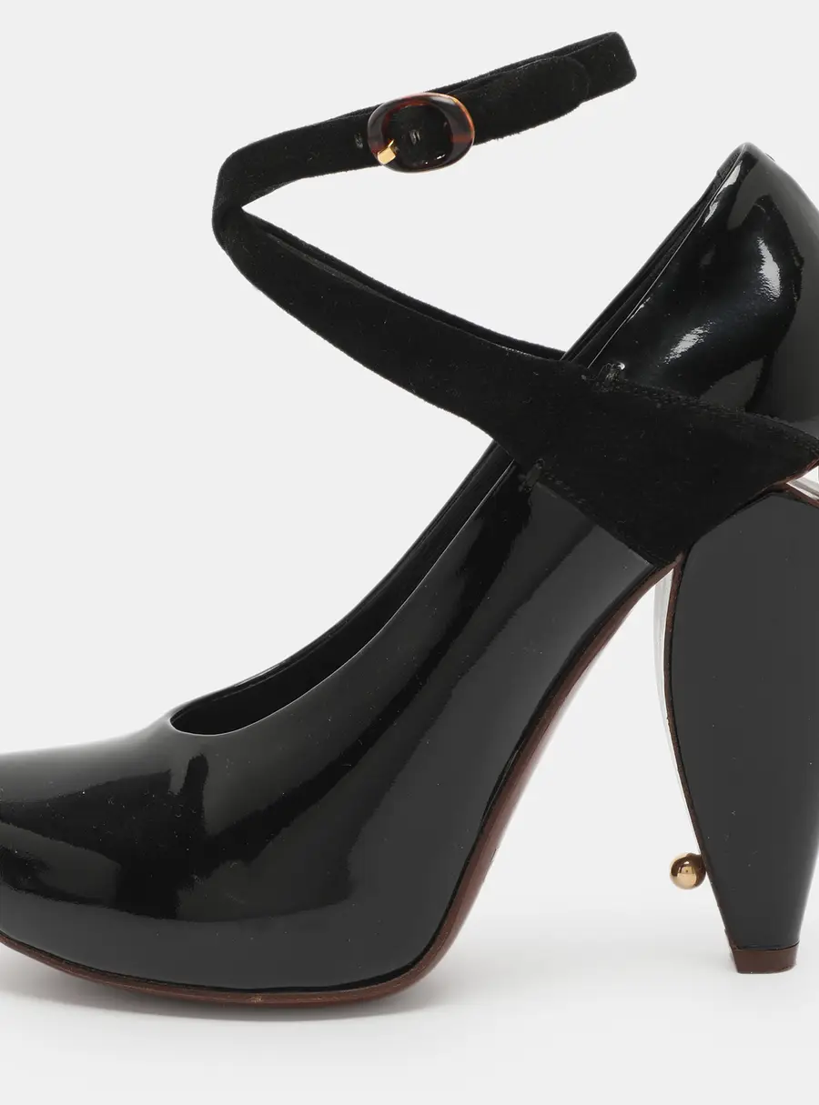 Marc Jacobs Embellished Heel Size 37 Black Patent Leather Ankle Strap Pumps