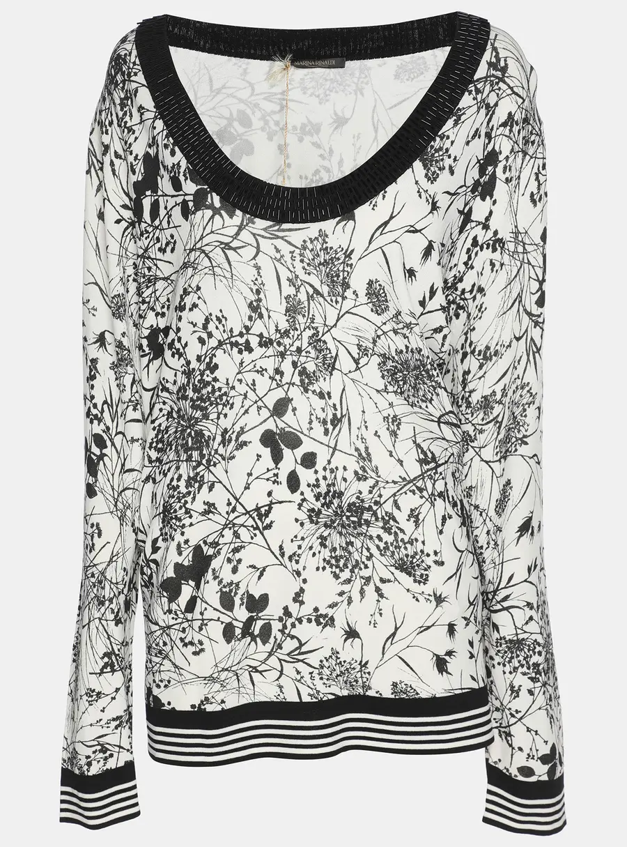 Marina Rinaldi White/Black Printed Knit Embellished Neck Top XL