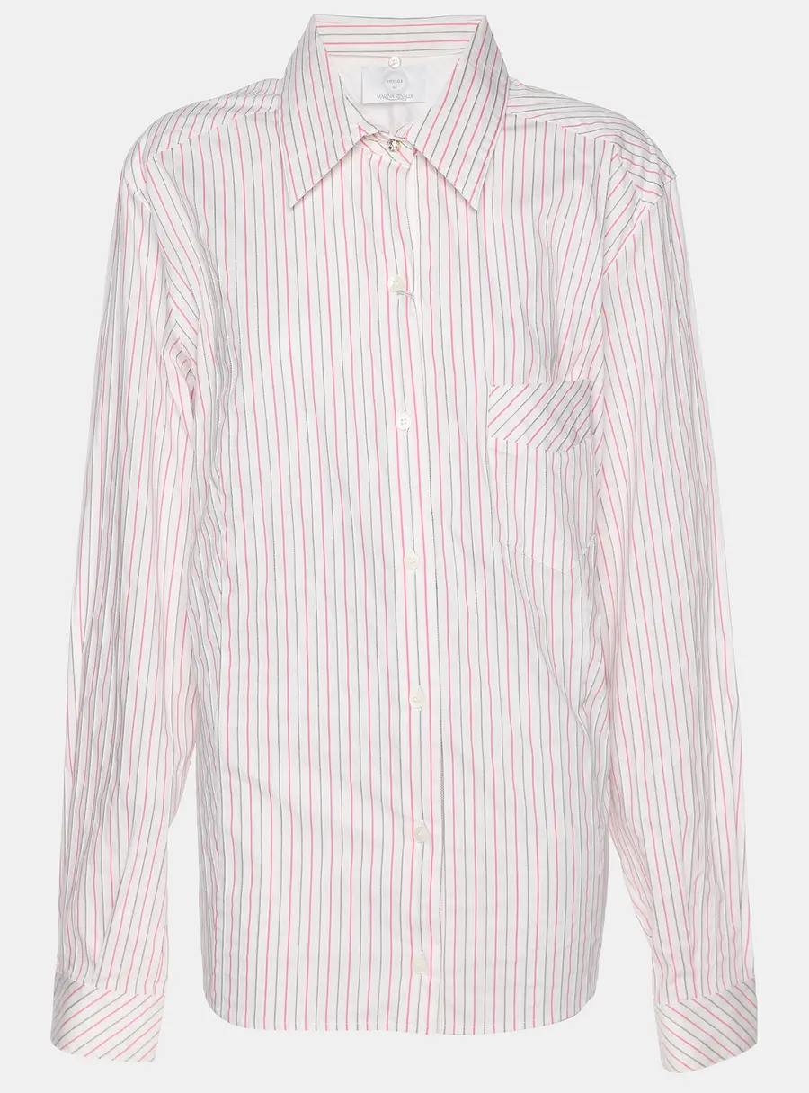 Voyage by Marina Rinaldi Pink/White Stripe Cotton Blend Removable Collar Long Sleeve Shirt L