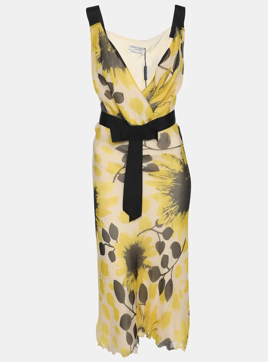 Marina Rinaldi Yellow Chiffon Sunflower Print Sleeveless Dress L