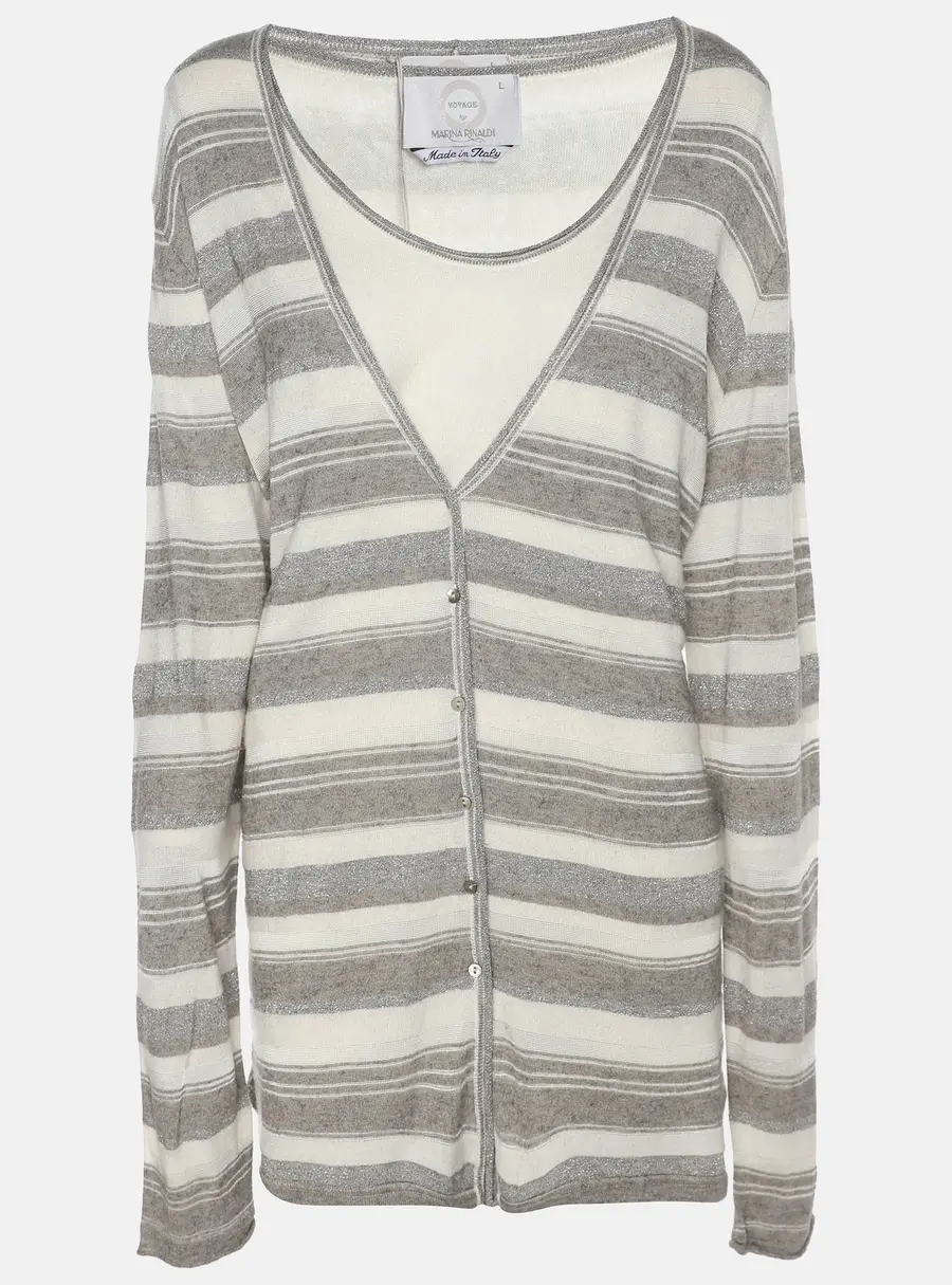 Voyage by Marina Rinaldi Grey/Off White Stripe Stretch Knit Cardigan Set L
