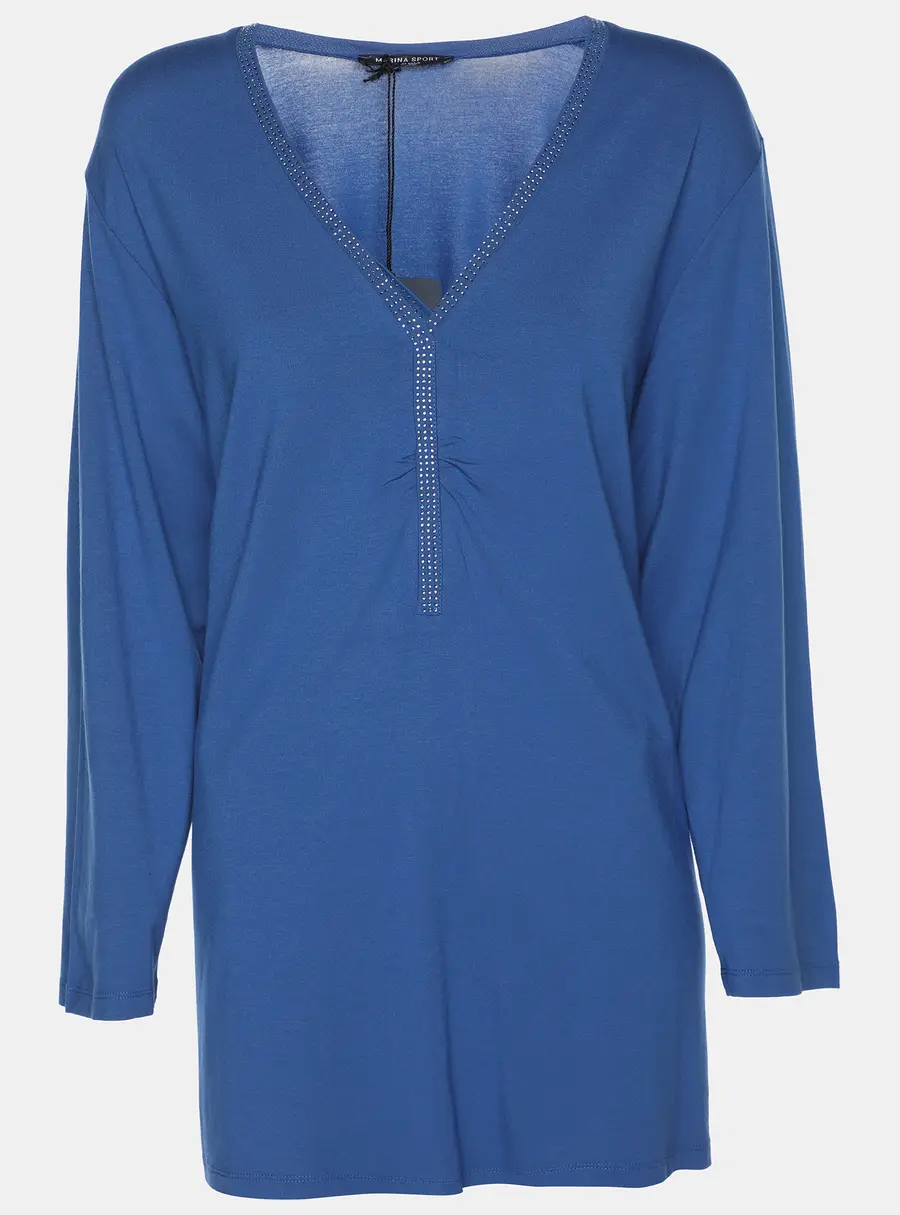 Marina Sport by Marina Rinaldi Blue Jersey Crystal Embellished V Neck Sweater L