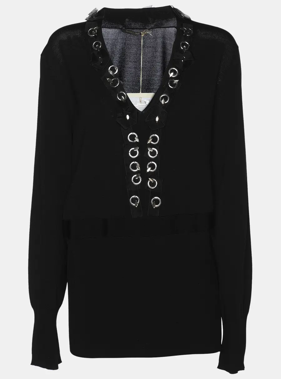 Marina Rinaldi Black Stretch Knit Embellished Long Sleeve Blouse L