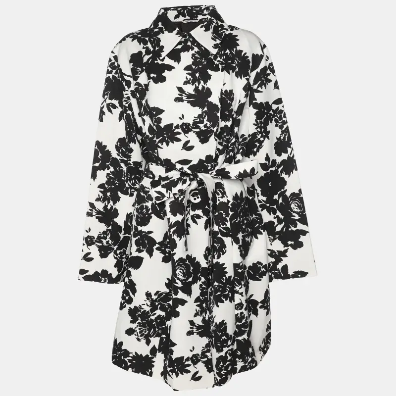 Marina Rinaldi White/Black Printed Cotton Blend Belted Overcoat L