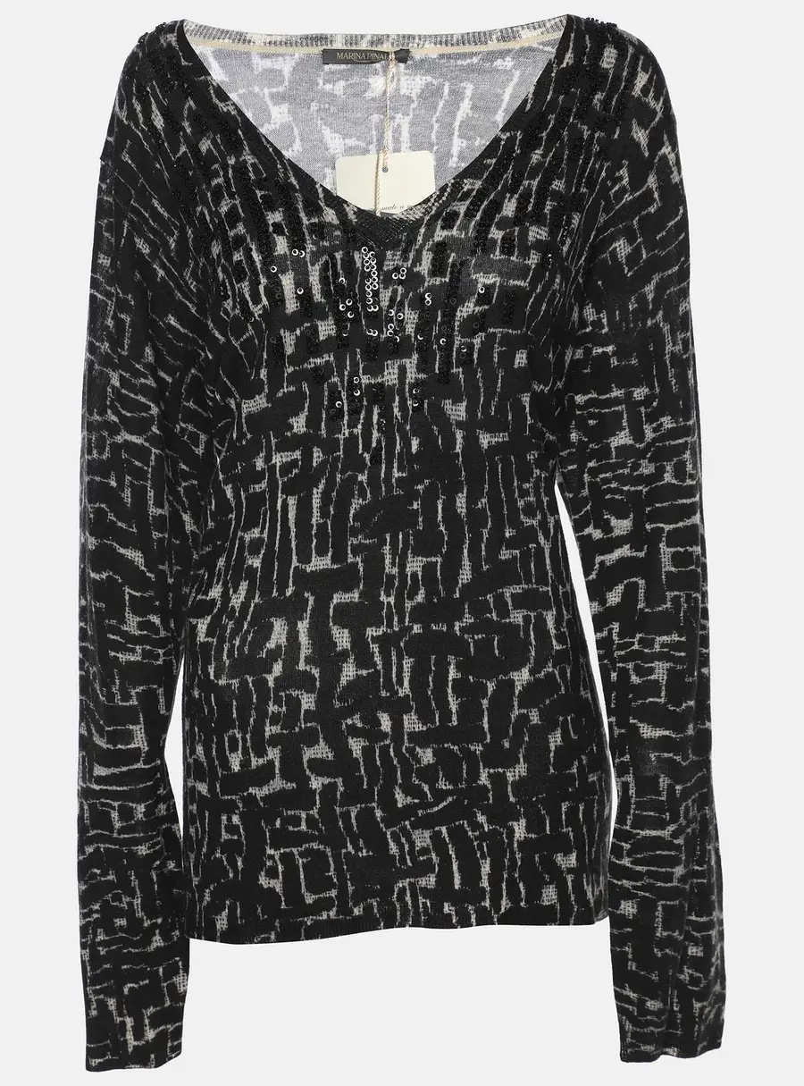 Marina Rinaldi Black/Off White Stretch Knit Scoop Neck Sweater L
