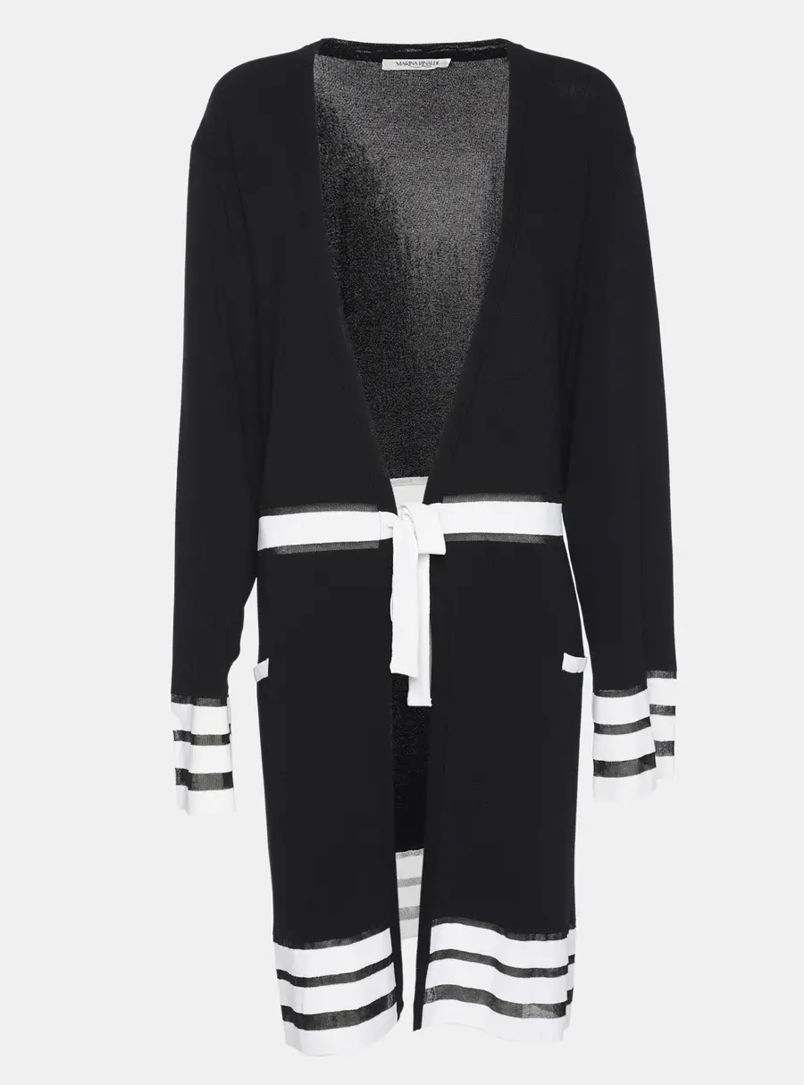 Marina Rinaldi Navy Blue/White Rib Knit Belted Cardigan L