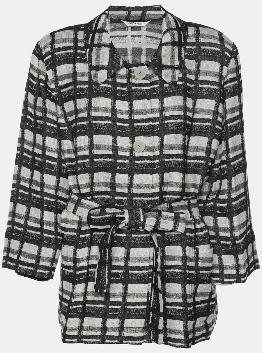 Marina Rinaldi Black/Off White Check Print Linen Blend Belted Blazer M