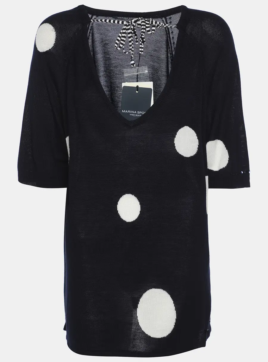 Marina Sport by Marin Rinaldi Navy Blue/White Stretch Knit Polka Dot V Neck Sweater L