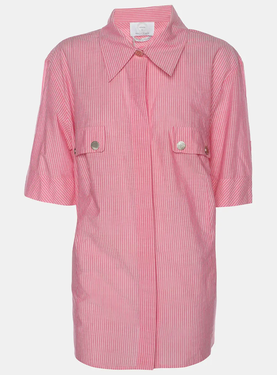Marina Rinaldi Pink Striped Cotton Button Front Short Sleeve Shirt L