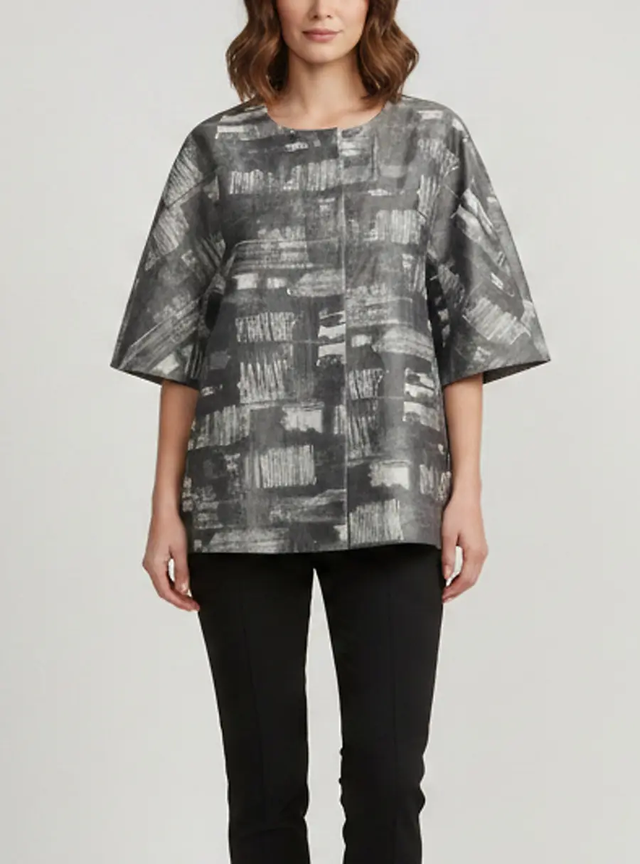 Marina Rinaldi Grey Abstract Brushstroke Jacquard Button Up Blouse XL