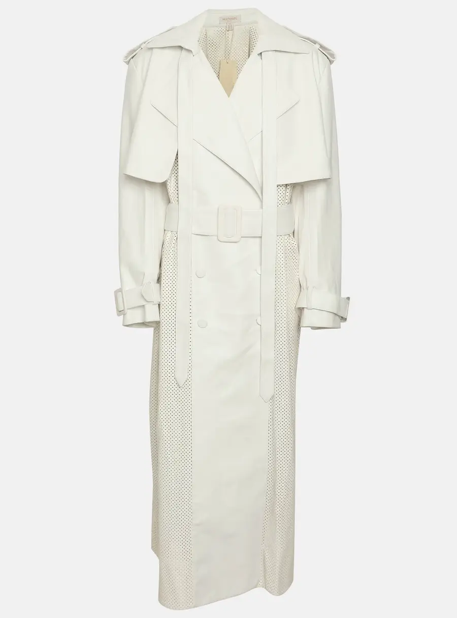 Materiel White Perforated Faux Leather Belted Trench Coat M