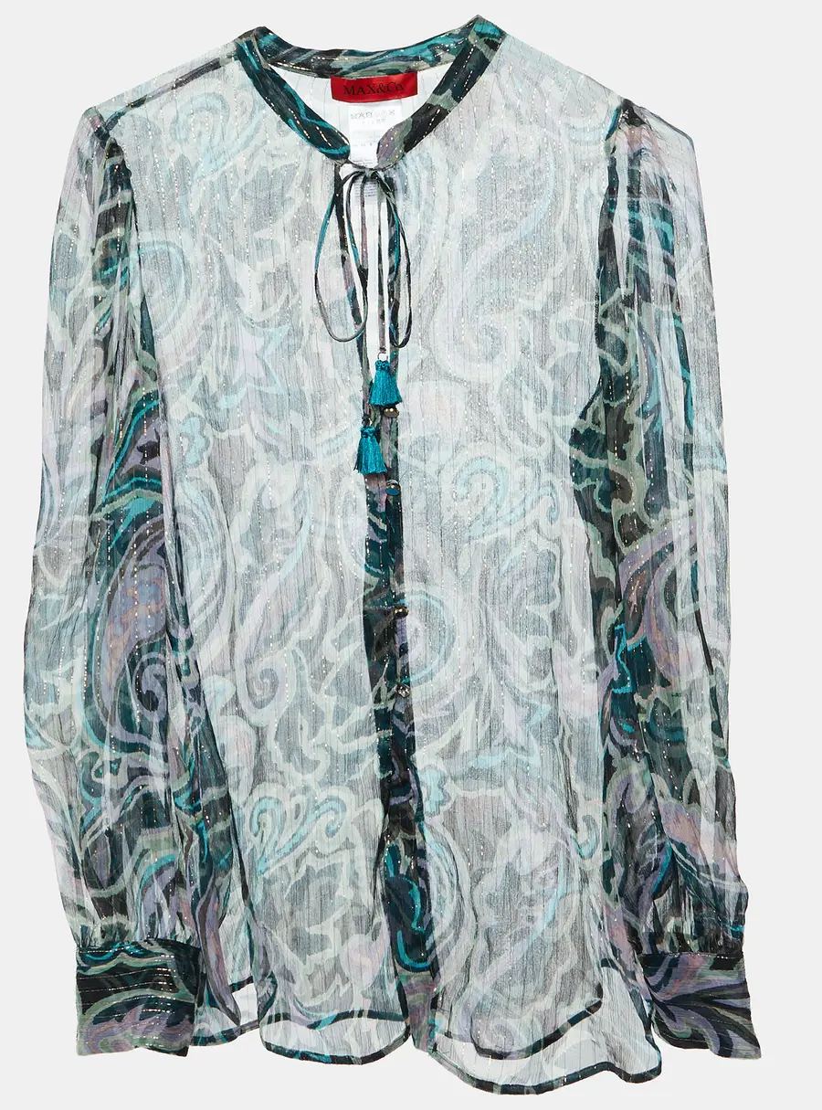 Max & Co. Green Printed Lurex Silk Tie-Up Neck Detail Blouse S