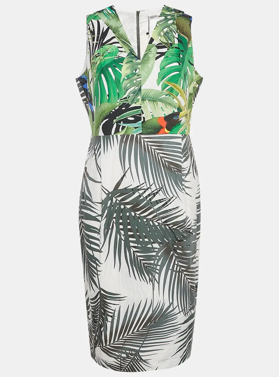 Max Mara Green Tropical Print Cotton Sleeveless Midi Dress L