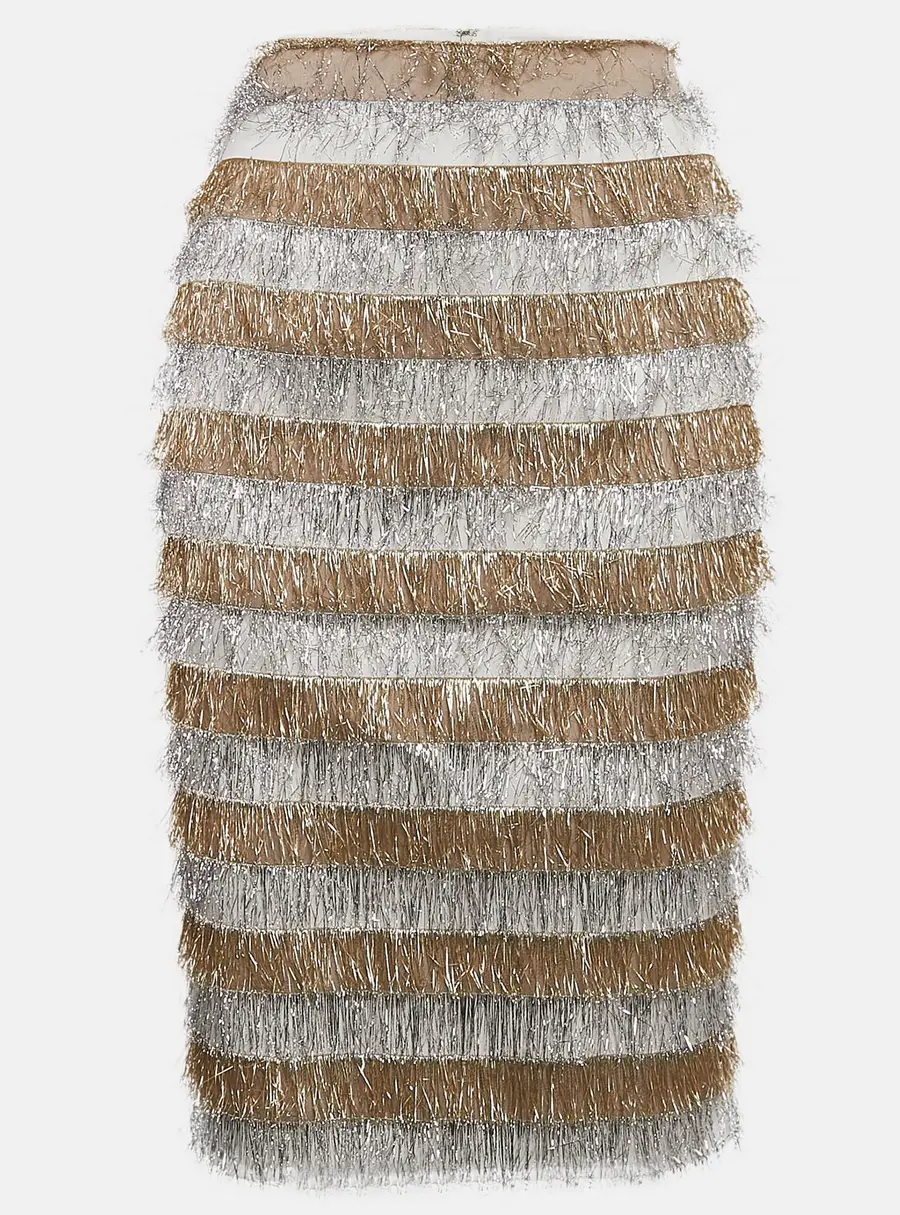 Max Mara Gold/Silver Metallic Fringed Crepe Gavetta Skirt S
