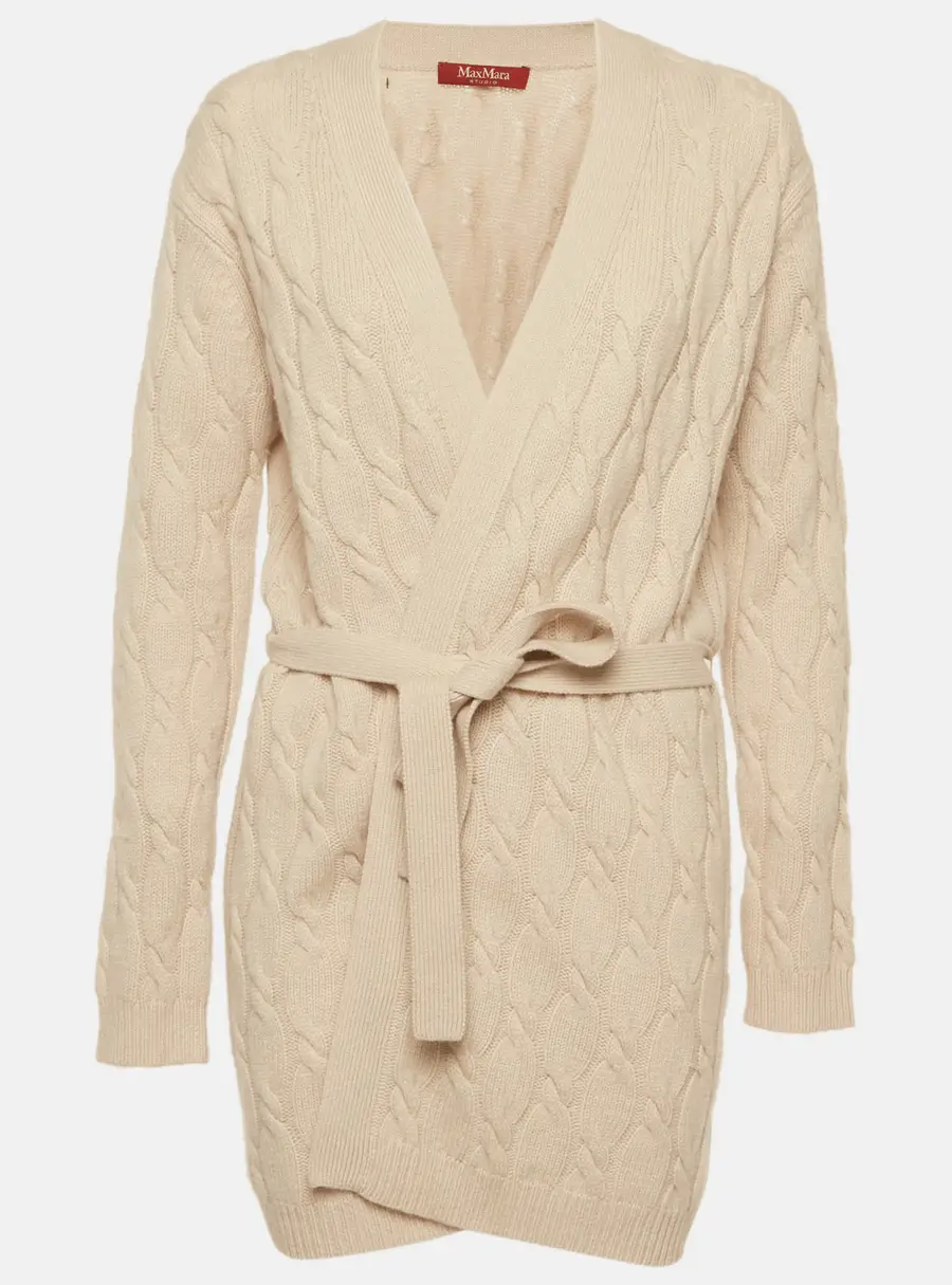 Max Mara Studio Beige Cable Knit Belted Cardigan L