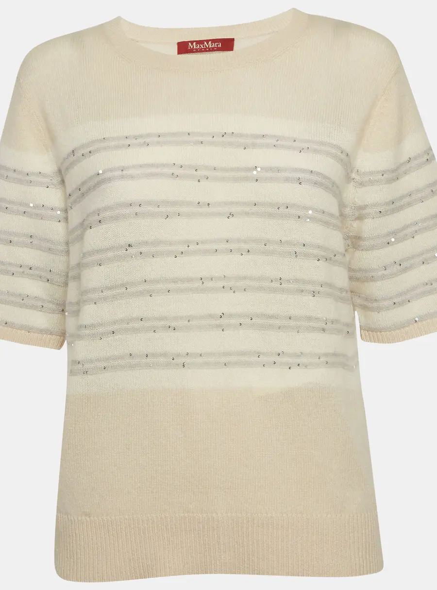 Max Mara Studio Beige Sequin Striped Wool Knit Top XL