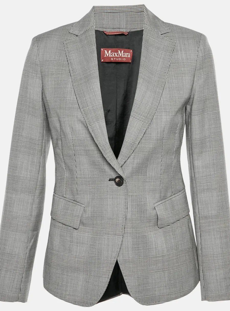 Max Mara Studio Black/White Houndstooth Wool Regular Fit Blazer S