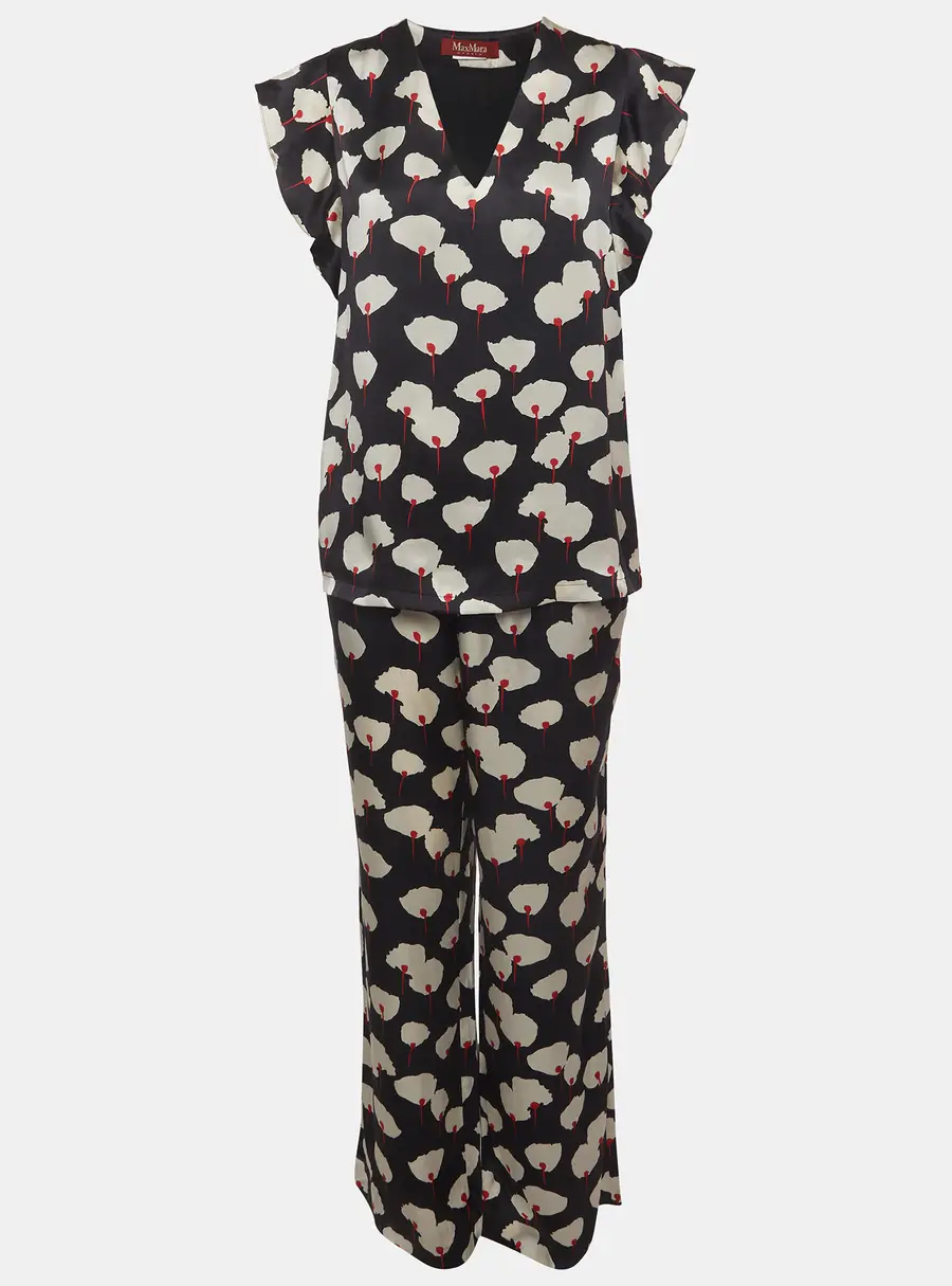 Max Mara Studio Black Floral Print Silk Pants and Top Set L