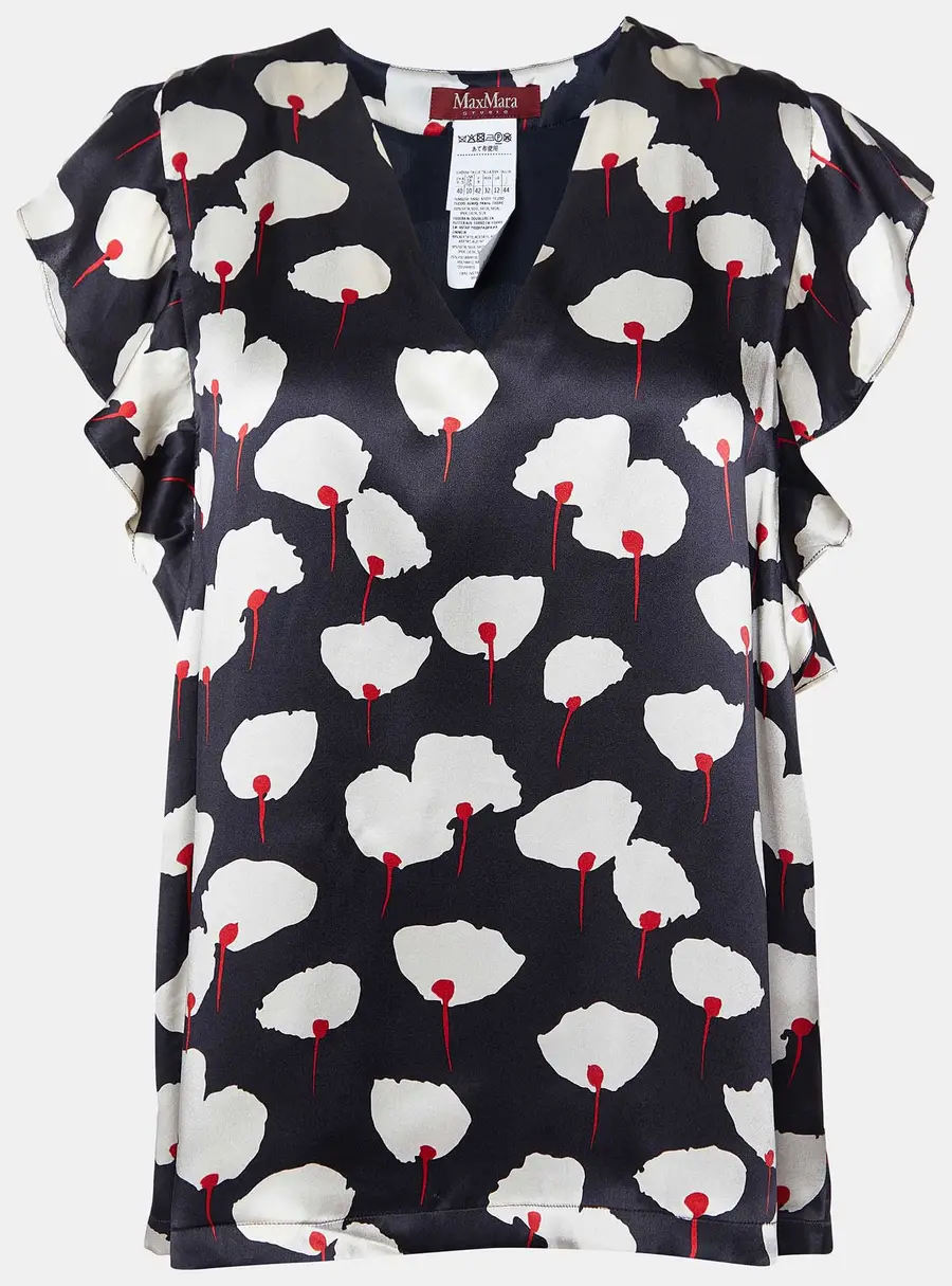 Max Mara Studio Black Floral Print Silk Satin Blouse M