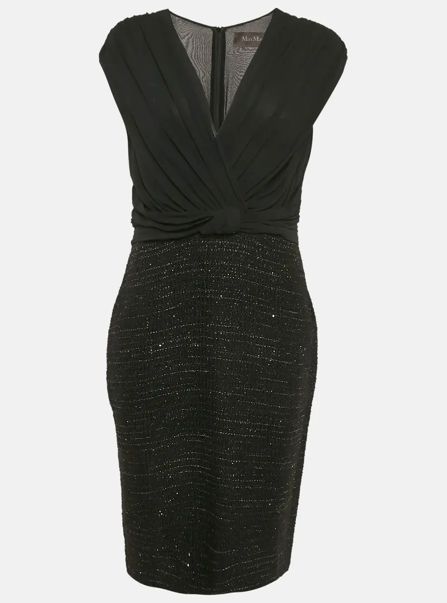 Max Mara Black Tweed and Silk Draped V-Neck Short Dress M