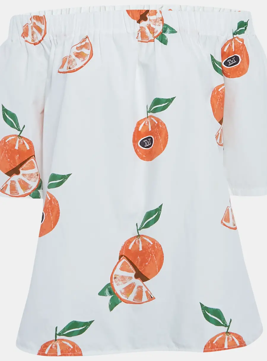 Max Mara White Orange Print Poplin Off-Shoulder Blouse S