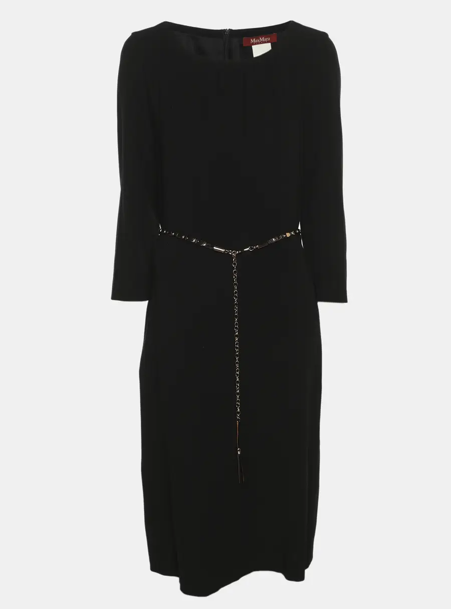 Max Mara Black Wool Blend Belted Midi Dress L