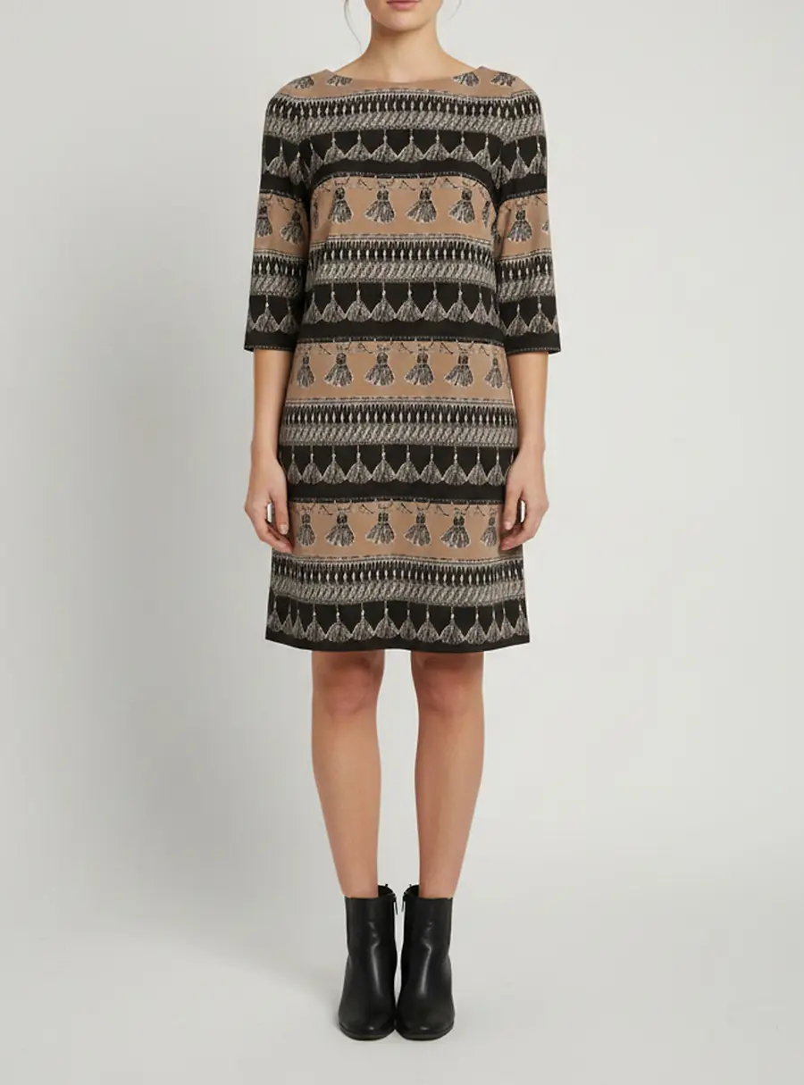 Weekend Max Mara Brown Striped Tassel Print Crepe Shift Dress M