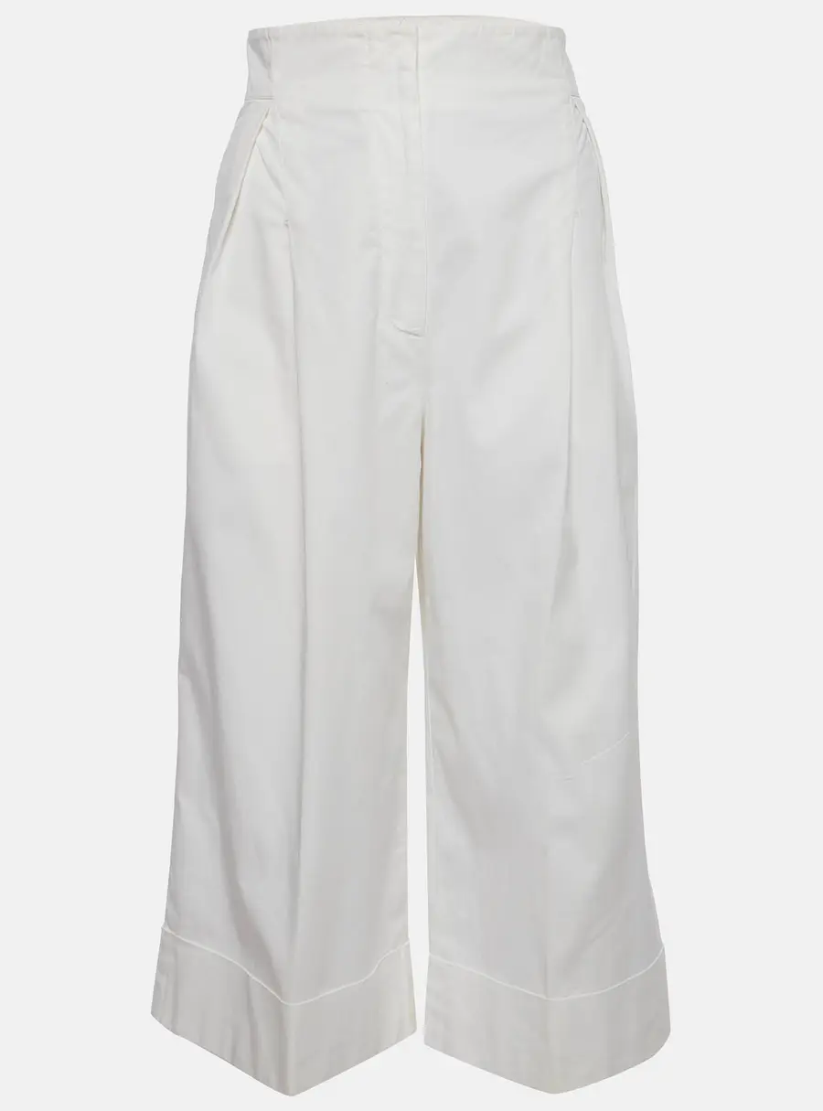Max Mara White Stretch Cotton Wide Leg Pleated Pants M